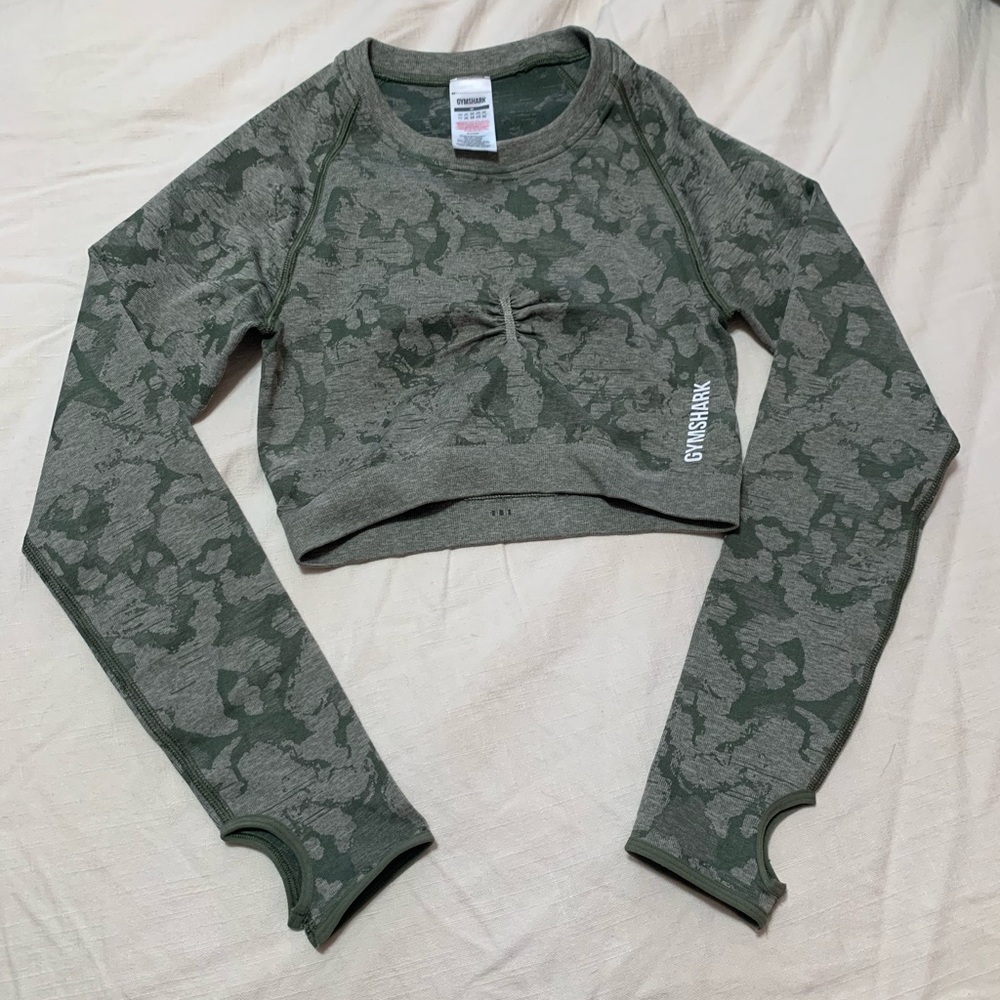 Gymshark light green camo long sleeve crop top